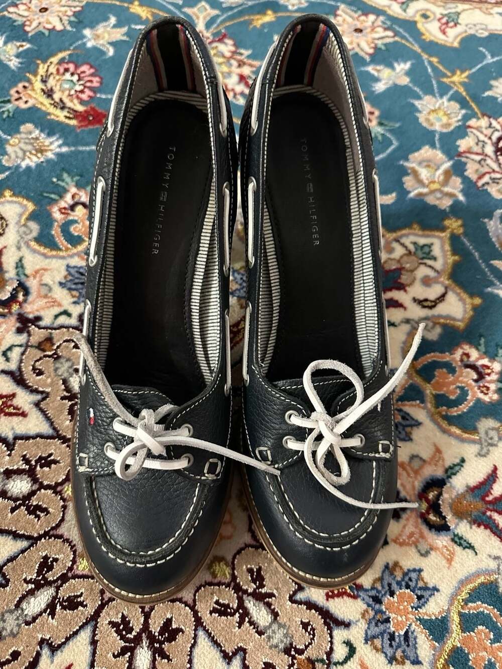 Tommy Hilfiger Navy Leather Boat Shoe Chunky Heel Pumps